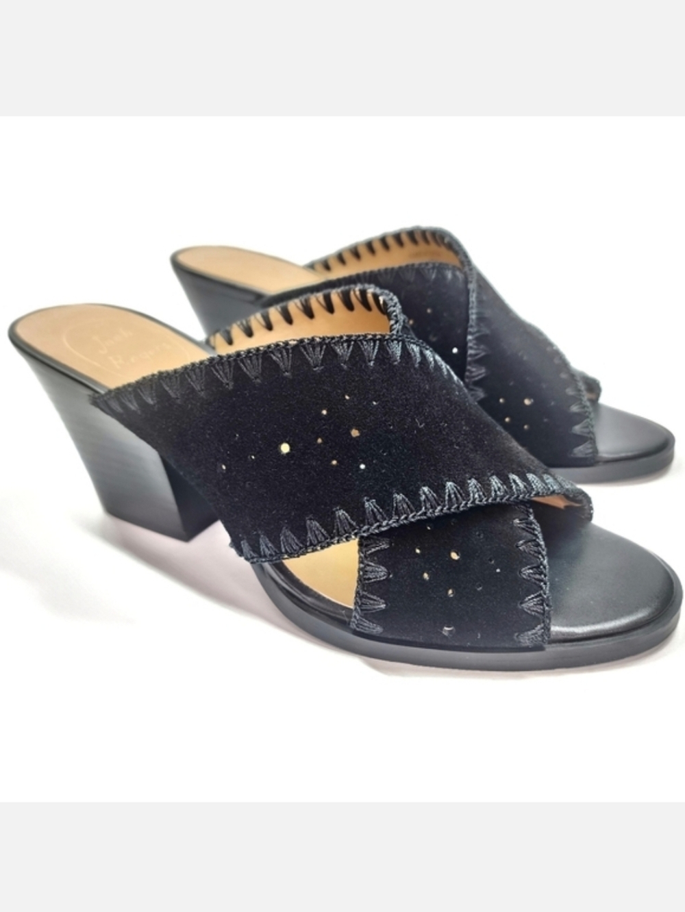 JACK ROGERS Blakely Black Suede Open Toe Slip On Western Heel Sandal 7m